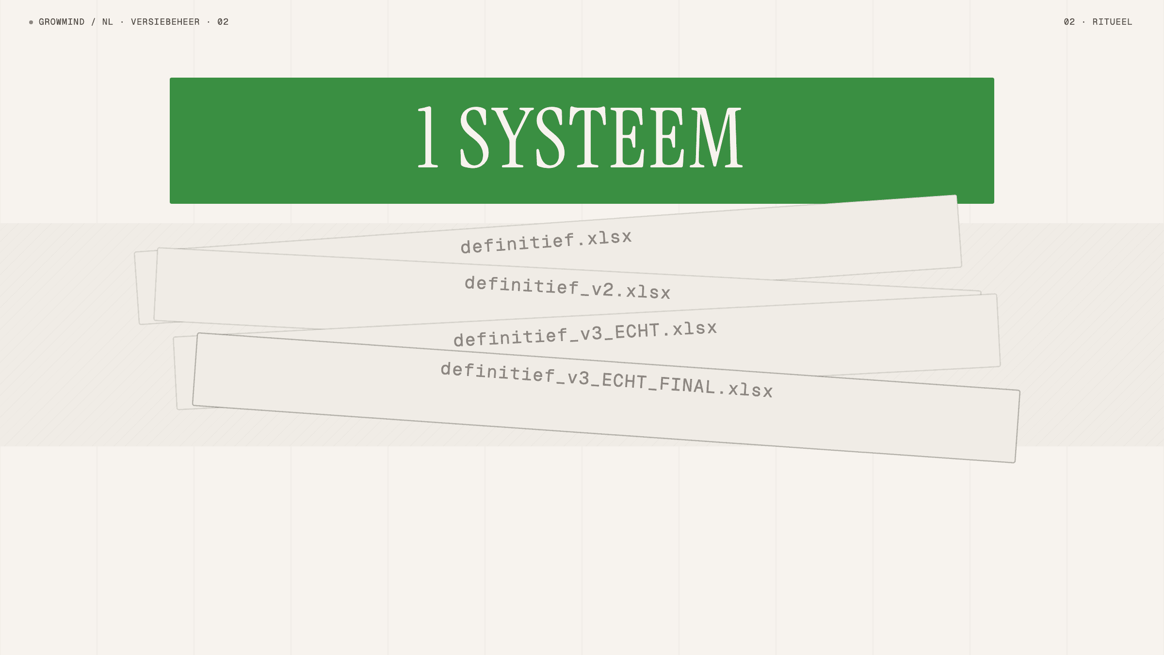 Stapel spreadsheetbestanden met namen als definitief_v3_ECHT_FINAL.xlsx en daarboven een groene kaart met 1 SYSTEEM